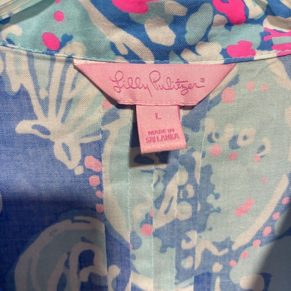 Lilly Pulitzer Tunic Blouse Top Blue L Long Sleeve V Neck 100% Rayon Floral - Picture 3 of 11